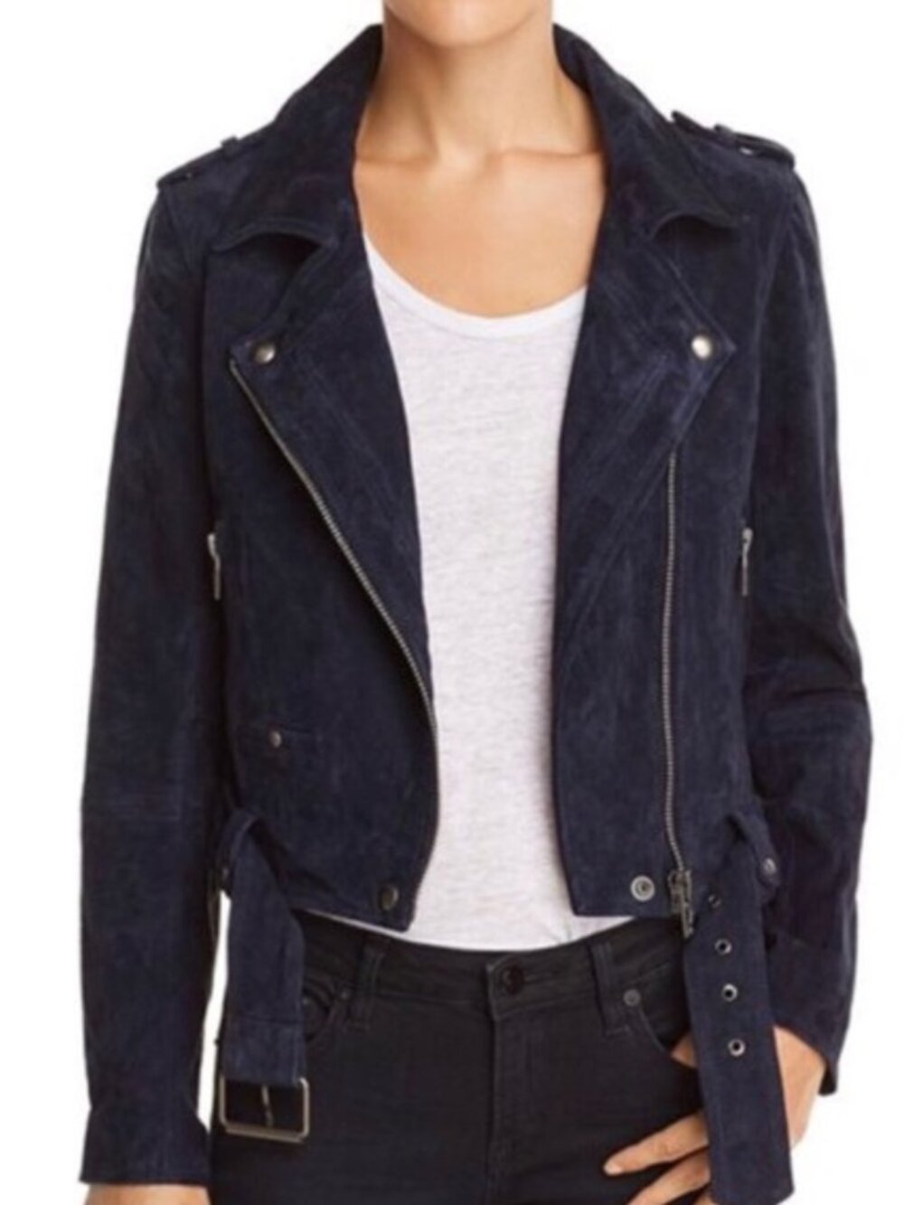 Vigoss Navy Genuine Leather Suede Moto Jacket Belted Biker Zip Size S